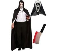 labreeze Long Black Cape with Hood, Scream Ghost Killer Mask & Fake Blooded Cleaver - Halloween Scary Ghost Costume for Adults & Teens
