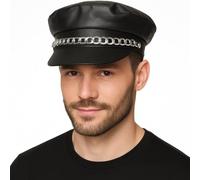 labreeze Men’s Black Biker Hat - Faux Leather Police Style Cap - Adult Fancy Dress Costume Accessory for 80s, Punk, Club, Halloween or Themed Parties