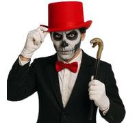labreeze Men Satin Red Top Hat, Red Bow Tie, Snake Cane (Gold), White Gloves & White Face Paint - Adult Fancy Dress Costume Accessories Set for Halloween, Stage, Cabaret & Themed Parties