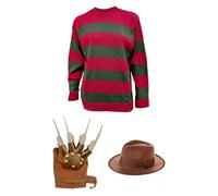 labreeze Men's Red and Green Knitted Jumper, Hat & Claw Glove Costume Set - Halloween Fancy Dress, Cosplay Horror Outfit, Striped Sweater with Claw Gloves and Matching Beanie Hat (X-Large)