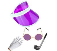 labreeze Neon Sun Visor Hat Inflatable Golf Club White Gloves Gold Frame Glasses Adults Unisex 1980’s Poker Fancy Dress Set (Purple)