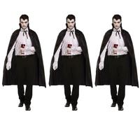 labreeze Pack of 3 Black Dracula Long Cape with Collar Halloween Scary Vampire Fancy Dress Costume Accessory