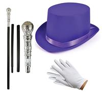 labreeze Purple Satin Top Hat Silver Cane Short Gloves Willy Wonka Chocolate Factory Style Fancy Dress Kit