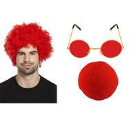 labreeze Red Afro Wig Round Glasses Sponge Clown Nose Fancy Dress Party 3 Pcs Set
