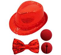 labreeze Red Sequin Trilby Hat Bow Tie Sponge Clown Nose 3 Pcs Fancy Dress Party Set