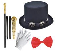 labreeze Rocker Style Black Top Hat Gold Cane Gloves Red Bow Tie Halloween Fancy Dress 4 Pcs Set