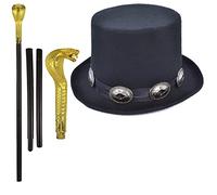 labreeze Rocker Style Black Top Hat with Snake Cane Halloween Horror Fancy Dress Set