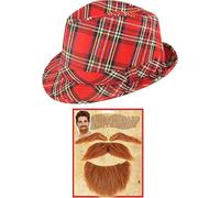 labreeze Scottish Tartan Trilby Hat with Ginger Beard, Moustache, and Eyebrows - Burns Night Fancy Dress Costume Set
