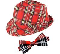 labreeze Scottish Tartan Trilby Hat with Red Tartan Bow Tie - Burns Night Fancy Dress Costume Accessories