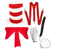 labreeze Stand Out with Our Adult's Tall Red and White Top Hat, Red Braces, Big Red Crazy Bow Tie, White Gloves, Face Paint, and Cat Tail Ensemble - Perfect for Costume Parties