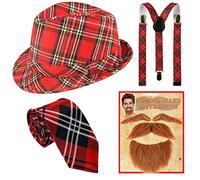labreeze Tartan Trilby Hat Neck Tie Braces Ginger Beard Moustache Eyebrow Burns Night Fancy Dress