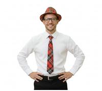 labreeze Tartan Trilby Hat, Tie and Glasses Set, Red Plaid Scottish Theme, Burns Night Costume Accessory, 3 Piece Fancy Dress Kit