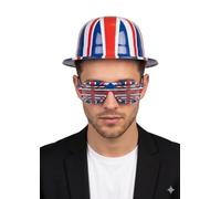 labreeze Union Jack Plastic Bowler Hat and Shutter Glasses Set, Red, One Size Adult, Unisex, British Pride Costume Accessory
