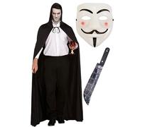 labreeze V for Vendetta Face Mask Long Black Cape with Hood Novelty Blooded Machete 50 Cm Halloween Scary vendetta Costume Set
