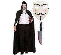 labreeze V for Vendetta Face Mask Long Black Hooded Cape Novelty Blooded Knife 38 Cm Halloween Scary vendetta Costume Set
