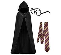 labreeze Wizard Boy Costume World Book Day 3Pcs Set, Black Hooded Cape Cloak, Neck Tie, & Glasses