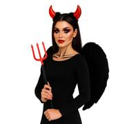 labreeze Women’s Black Angel Feather Wings, Devil Horns with Fur Headband & 103 cm Devil Fork - Halloween Fancy Dress Costume Accessory Set