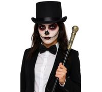 labreeze Women’s Black Lincoln Top Hat, Black Bow Tie & Gold Top Cane Set - Halloween Fancy Dress Accessories for Adults - Elegant Magician, Ringmaster & Vampire Costume Kit