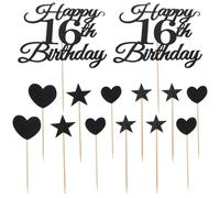 LABRIMP 10 Set Birthday Cake Topper Decorations for Teens Glitter Black Number with Heart and Star Picks Easy Install Milestone Party Supplies for Sweet Sixteen Celebration