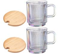LABRIMP 2 Sets Striped Glass Water Mug Set, 340ml with Wood Lids | Heat and Cold Compatible, Smooth Embossed Finish, Strong Stable Structure, for Tea Drinkers and Office Workers