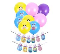 LABRIMP 25pcs Easter Bunny Banner and Balloons Set Lovely Rabbit Ear and Egg Print Paper Garland with Colorful Latex Balloons Blue Yellow Pink Purple for Holiday Party Decorations
