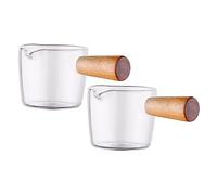 LABRIMP 2Pcs Glass Milk Pitcher with Wooden Handles Espresso Shot Cups Syrup Containers for Cooking Baking and Serving Dressings