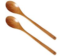 LABRIMP 2pcs Long Handle Solid Wood Kitchen Spoons for Mixing and Stirring with Smooth Surface and Easy Cleaning, Vintage Japanese Style Cooking Utensils for Kitchen Use