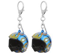 LABRIMP 2Pcs Motorcycle Helmet Keychain for Men, Blue Flame Vacuum Coated Pendant, Backpack Keyring Accessory, Motorbike Riding Set