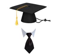 LABRIMP 2Pcs Set Pet Graduation Doctor Hat and Tie Collar for Dogs and Cats, Black Polyester Material, Breathable and Safe Design, for Halloween and Birthday Party Supplies
