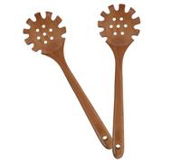 LABRIMP 2pcs Wooden Spaghetti Spoon with Teeth, Long Handle Pasta Server Strainer, Gentle on Nonstick Cookware, for Cooking and Serving Noodles the Kitchen
