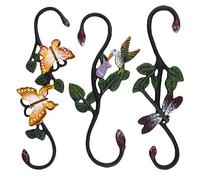 LABRIMP 3PCS Cast Iron Painted Animal Hooks S Shaped Iron Art Hanging Basket Flowerpot Hooks for Garden Indoor Outdoor Decor with Dragonfly Butterfly Kingfisher