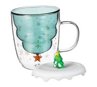 LABRIMP Christmas Tree Shaped Double Layer Insulated Glass Mug with Lid Heat Resistant Anti-Scald Coffee Cup for Hot Drinks Festive Holiday Glassware for Christmas Tea and Espresso