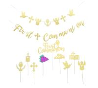 LABRIMP First Holy Communion Party Supplies Spiritual Event Cake Toppers Hanging Bunting Banner Cross Decorations for Baptism Shower Birthday Religious Celebrations