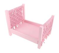 LABRIMP Newborn Photography Mini Bed Prop with Bohemian Macrame Headboard, Pink Woven Retro Photoshoot Posing Bed for Studio Newborn Photo Sessions