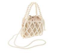 LABRIMP Pearl Mini Bucket Bag, Beaded Pearl Bucket Purse, White Polyester Plastic Drawstring Hollow Design Large Capacity Handbag for Women, Bridesmaid, Vacation Trips