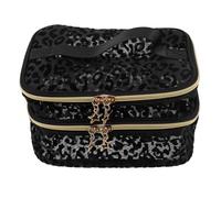 LABRIMP Portable Double Layer Makeup Bag Black Leopard Print Velvet Mesh Cosmetic Organizer Mini Travel Toiletry Pouch Small Skincare and Everyday Makeup Case for Handbag