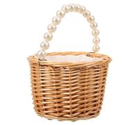LABRIMP Small Wicker Handwoven Basket with Elegant Pearl Handle Flower Girl Storage Basket for Weddings and Home Organization