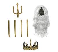 LABRIMP Trident Costume Accessory and King Crown Prop for Adults Halloween Cosplay - Golden ABS 1 Set with Wig and Fake Beard for Cosplay Party