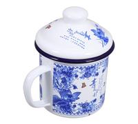 LABRIMP Vintage Enamel Tea Cup with Lid Portable Lightweight Drinking Mug for Coffee Water Home Office Travel Elegant Blue and White Porcelain Design