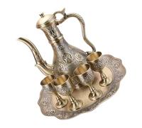LABRIMP Vintage Turkish Coffee Pot Set with Rose Embossing Bronze Wine Flask and Goblets Metal Tray Included for Home Tea Party Wedding Serving