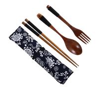 LABRIMP Wooden Set Chopsticks, Fork and Spoon, Three-Piece Strap Black Cord and Coin Pouch, Portable Dining Utensils for and Outdoor Use
