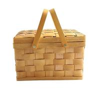 LABRIMP Woven Handheld Picnic Basket with Lid Natural Wood Material Wear Resistant Storage Basket for Fruits Snacks and Sundries for Spring Autumn Outings