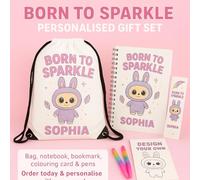 Labubu Personalised Gift Set with Notebook, drawstring bagRainbow Pen and Bookmark, Born to Sparkle Design