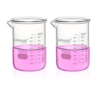 Labvida Heavy Duty Glass Beakers Set 2 pcs of Vol.1000ml Thick-Walled, 3.3 Boro Griffin Low Form with Double Scale Printed Graduation for Laboratories, Industries, Schools and Home use, LVAC014