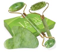 LAC FOR YOU 3-Piece Jade Roller and Gua Sha Set - Smooth + Textured (Ridged) Face Roller + Gua Sha Tool for Face Massage & Lymphatic Drainage and Sculpting | Gifts for Women