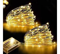 LAC FUTURE Set of 2 Fairy Lights Battery Operated 5 M - 50 Warm White LED Copper Wire String Battery Operated (3 × AAA Not Included) - Christmas Lights Indoor Decor Bedroom & Home