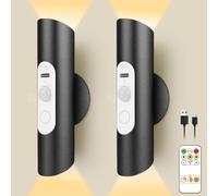 Lacasa Magnetic Motion Sensor Wall Lights Set of 2, Rechargeable Battery Operated Wireless LED Wall Sconces with Remote Control, Dimmable 3 Colour Modes for Bedroom, Hallway, Stairs, Black