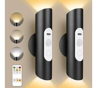 Lacasa Rechargeable Motion Sensor Wall Lights Indoor, 2 Pack Wireless Dimmable Battery Operated Wall Sconces, 3 Modes Remote Control Magnetic Up and Down LED Night Light for Bedroom Stair, Black Metal