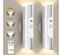 Lacasa Rechargeable Motion Sensor Wall Lights Indoor, 2 Pack Wireless Dimmable Battery Operated Wall Sconces, 3 Modes Remote Control Magnetic Up and Down LED Night Light for Bedroom Stair-Silver Metal