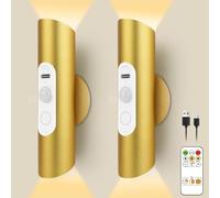 Lacasa Rechargeable Wall Lights Set of 2, Battery Operated Wireless Motion Sensor LED Wall Sconces with Remote Control, Dimmable 3 Colour Modes for Bedroom, Hallway, Stairs, Gold